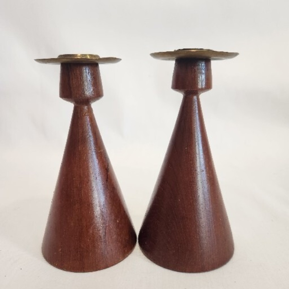 Vintage Joh Jorg Backe Norway Mid Century Modern Wood and Brass Candle Holders